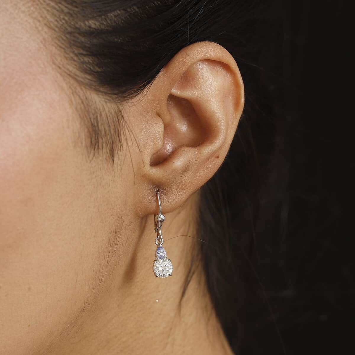 Moissanite and Tanzanite 1.85 ctw Lever Back Earrings in Rhodium Over Sterling Silver image number 2