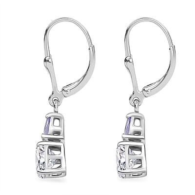 D'Joy Moissanite and Tanzanite 1.85 ctw Lever Back Earrings in Rhodium Over Sterling Silver