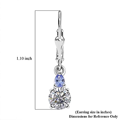 D'Joy Moissanite and Tanzanite 1.85 ctw Lever Back Earrings in Rhodium Over Sterling Silver