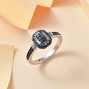 D'Joy Blue and White Diamond 0.33 ctw Ring in Rhodium Over Sterling Silver (Size 7.0)