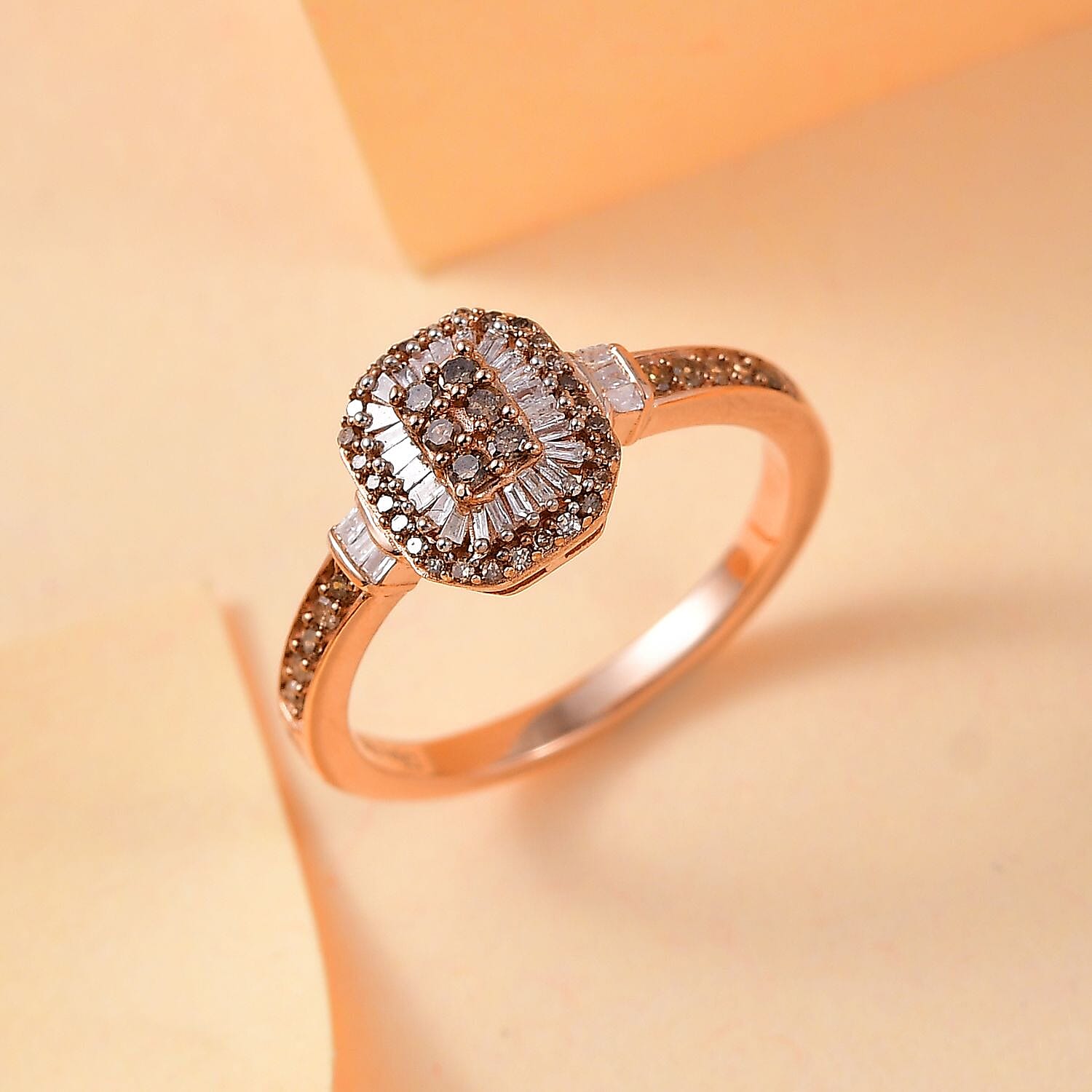 Natural Champagne and White Diamond 0.33 ctw Ring in 18K Vermeil Rose Gold Over Sterling Silver (Size 9.0) (Del. In 10-12 Days)