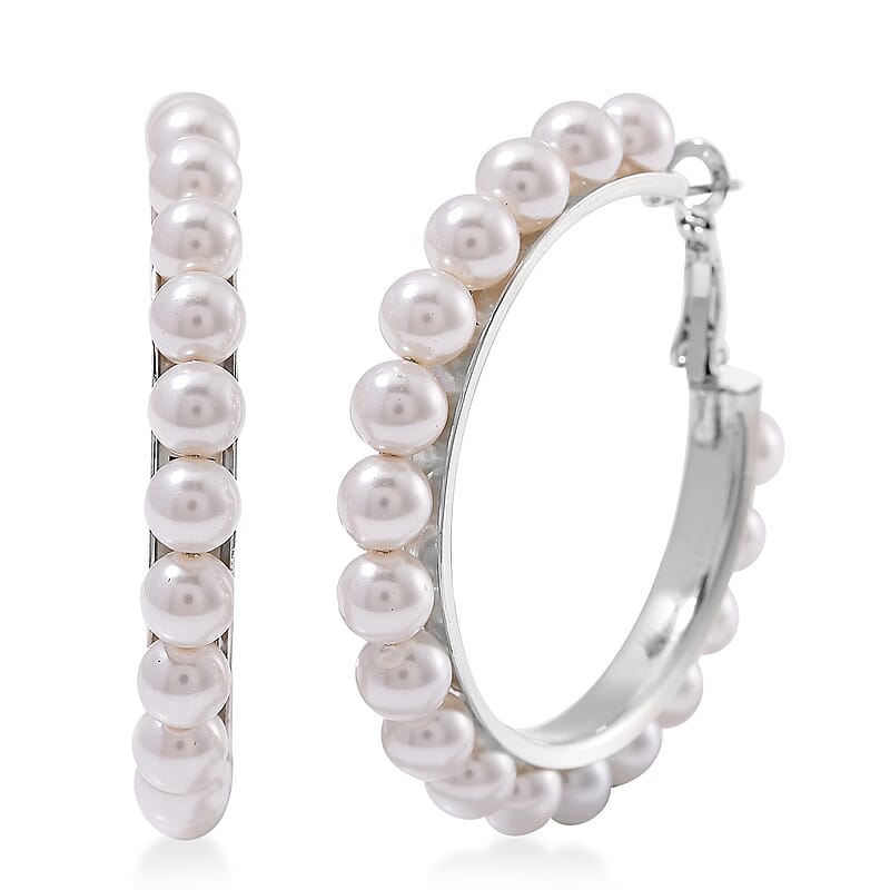 White Shell Pearl Hoop Earrings in Stainless Steel