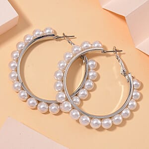 White Shell Pearl Hoop Earrings in Stainless Steel