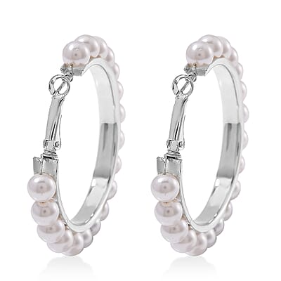 White Shell Pearl Hoop Earrings in Stainless Steel