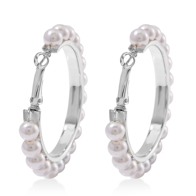 White Shell Pearl Hoop Earrings in Stainless Steel