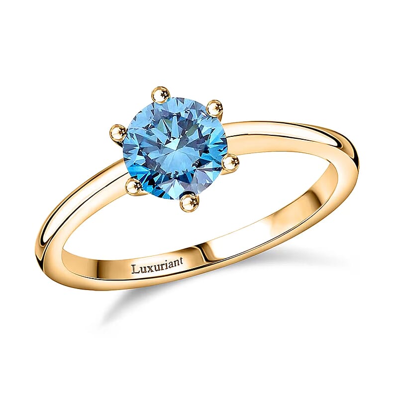 Luxuriant Lab Grown Blue Diamond (IR) VS 1.10 ctw Solitaire Ring in Vermeil Yellow Gold Over Sterling Silver (Size 10.0)