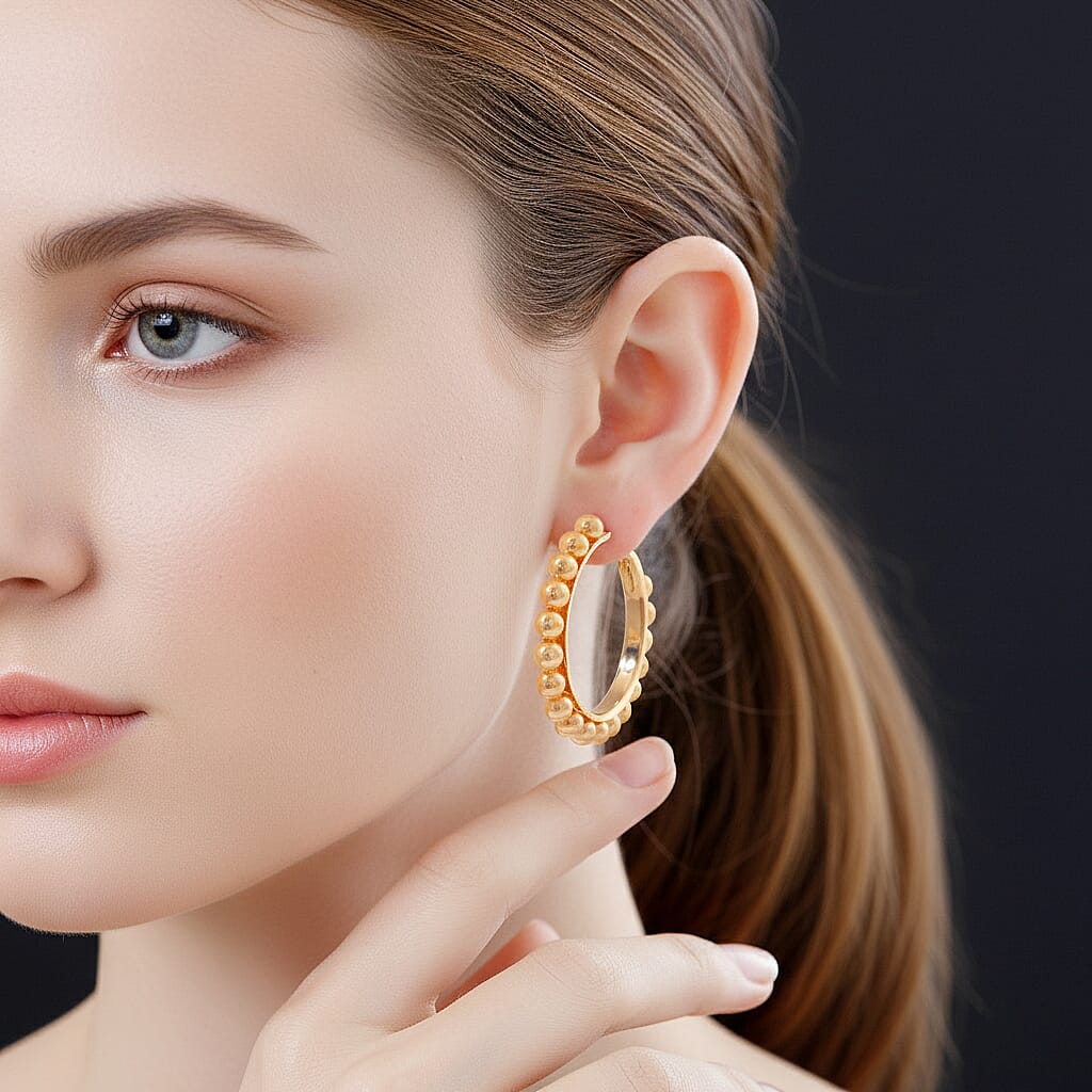 Golden Color Shell Pearl Hoop Earrings in ION Plated YG Stainless Steel