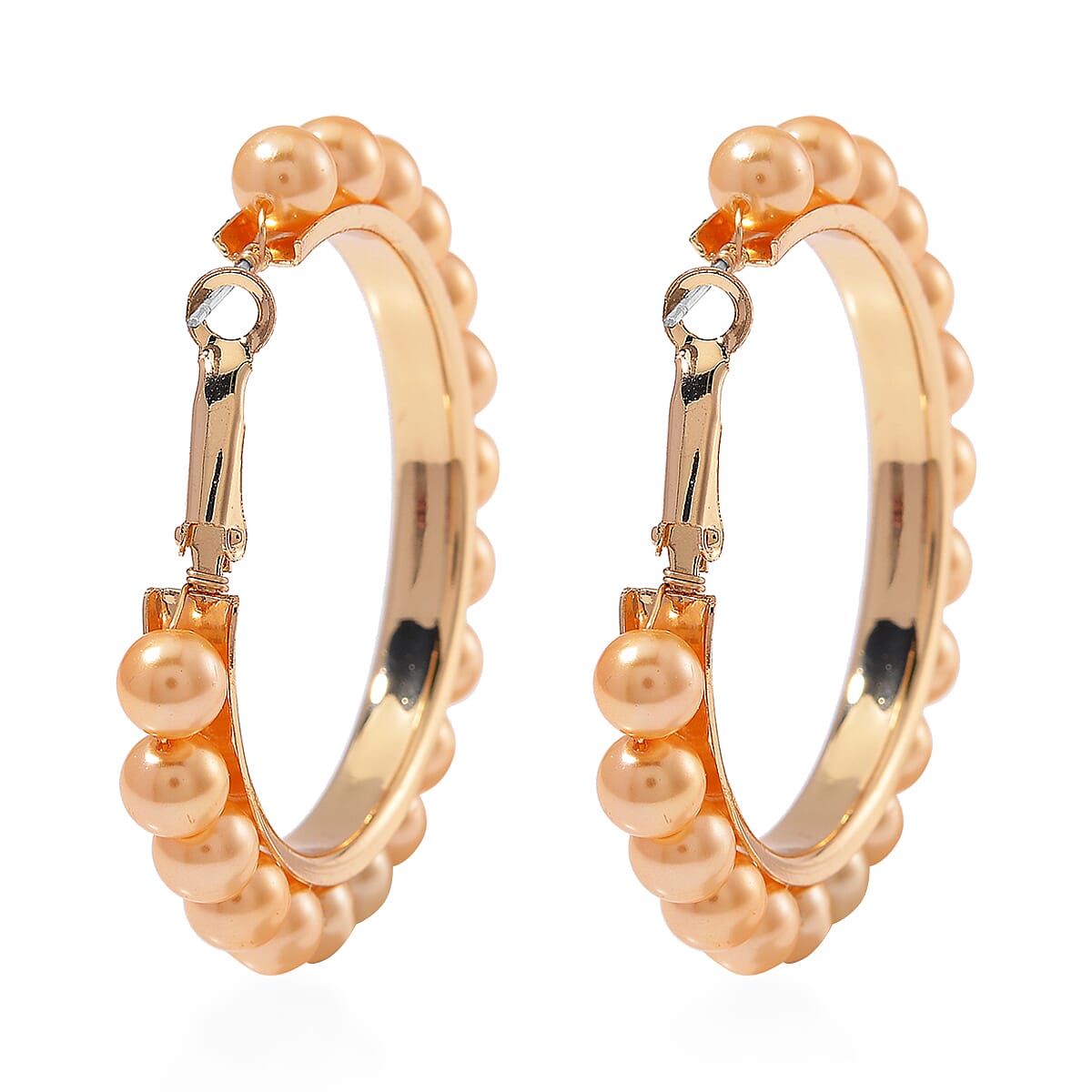 Golden Color Shell Pearl Hoop Earrings in ION Plated YG Stainless Steel
