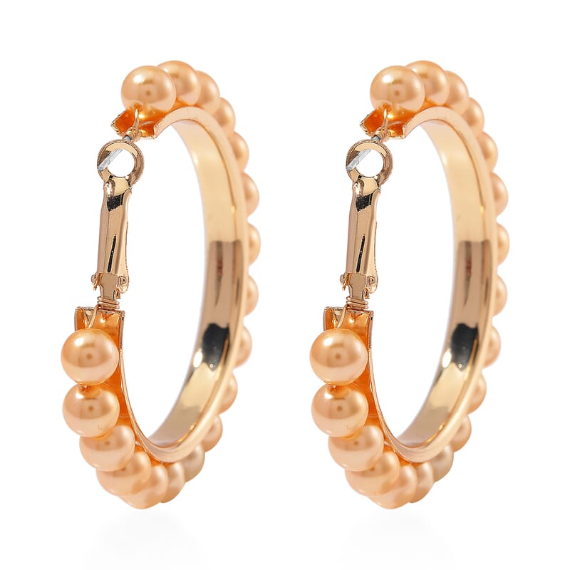 Golden Color Shell Pearl Hoop Earrings in ION Plated YG Stainless Steel