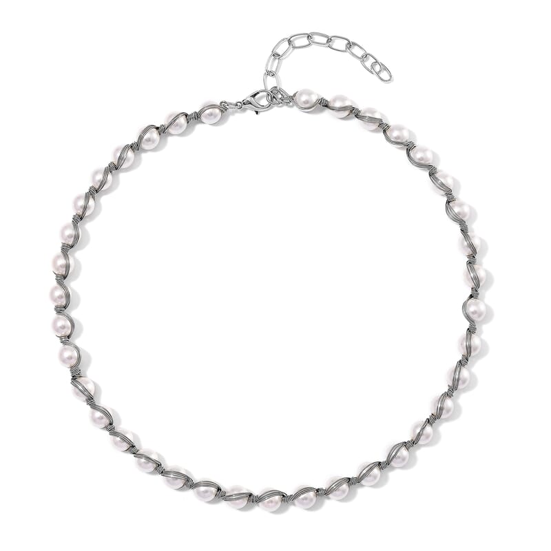 White Shell Pearl Chocker Necklace in Silvertone 16-20 Inches
