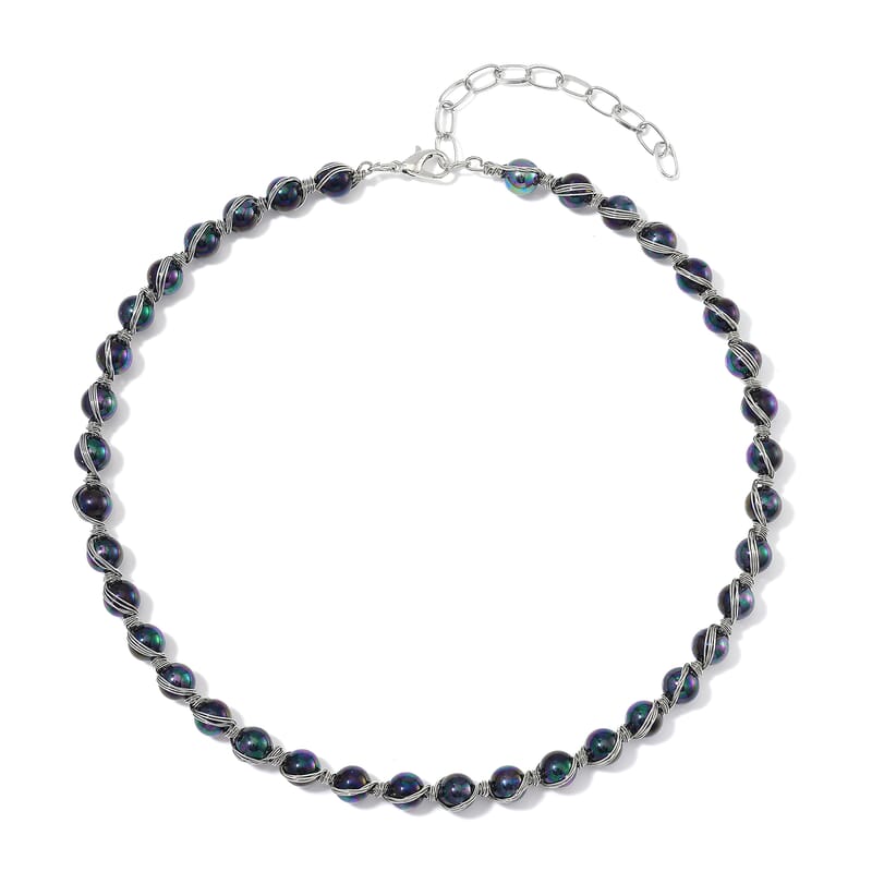Peacock Color Shell Pearl Chocker Necklace in Silvertone 16-20 Inches