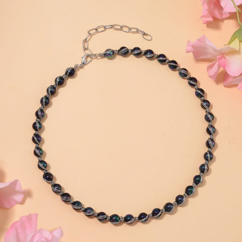 Peacock Color Shell Pearl Chocker Necklace in Silvertone 16-20 Inches