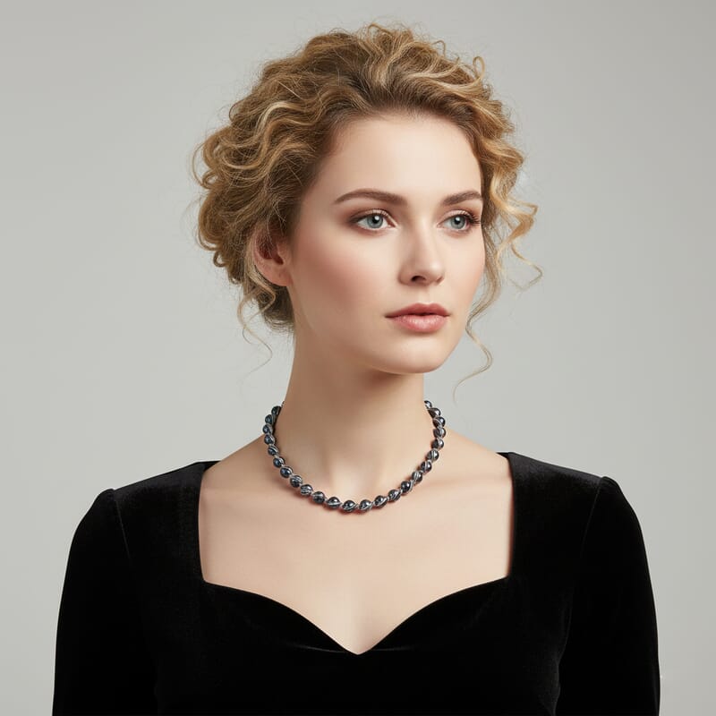 Peacock Color Shell Pearl Chocker Necklace in Silvertone 16-20 Inches