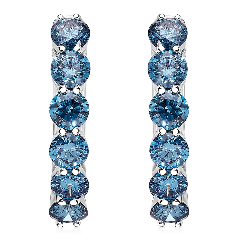 Luxuriant Lab Grown Blue Diamond (IR) VS 2.20 ctw Hoop Earrings in Platinum Over Sterling Silver