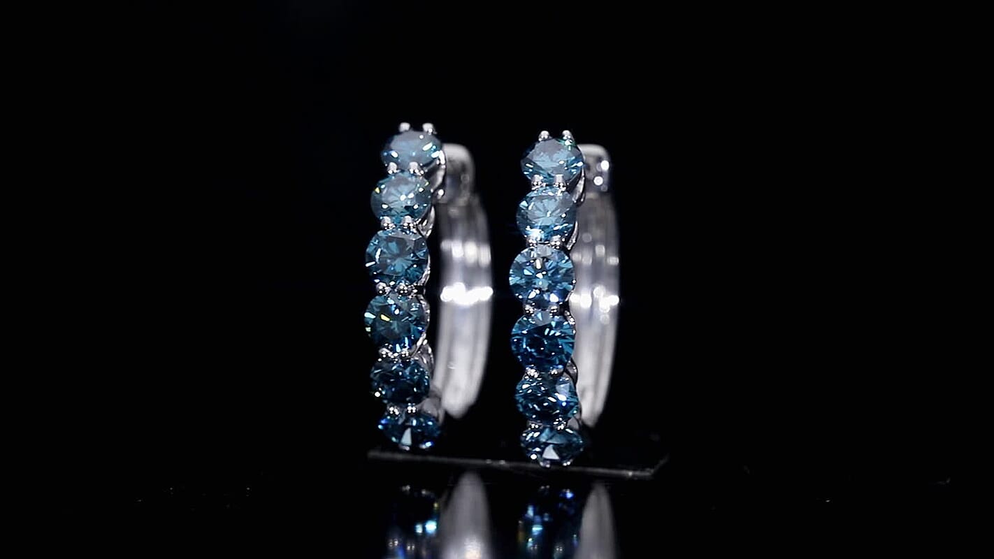 Luxuriant Lab Grown Blue Diamond (IR) VS 2.20 ctw Hoop Earrings in Platinum Over Sterling Silver