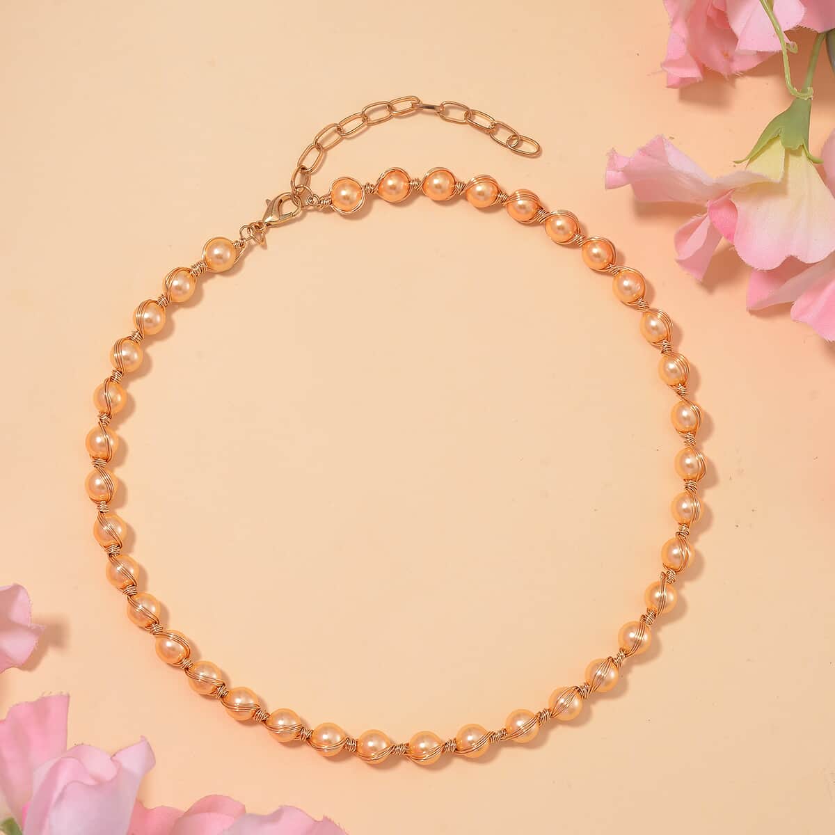 Doorbuster Golden Color Shell Pearl Beaded Chocker Necklace in Goldtone 16-20 Inches image number 1