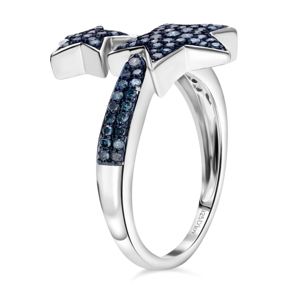 Blue Diamond (IR) Bypass Star Ring in Platinum Over Sterling Silver (Size 10.0) 0.50 ctw image number 3