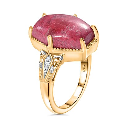 Norwegian Thulite and White Zircon 11.15 ctw Art Deco Ring in 18K Vermeil Yellow Gold and and Platinum Over Sterling Silver (Size 10.0)