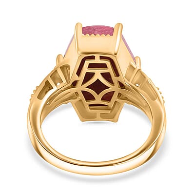 Norwegian Thulite and White Zircon 11.15 ctw Art Deco Ring in 18K Vermeil Yellow Gold and and Platinum Over Sterling Silver (Size 10.0)