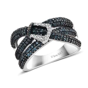 Blue and White Diamond 1.00 ctw Buckle Ring in Rhodium Over Sterling Silver (Size 6.0)