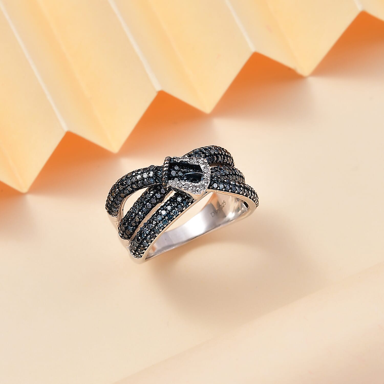 Blue and White Diamond 1.00 ctw Buckle Ring in Rhodium Over Sterling Silver (Size 6.0)