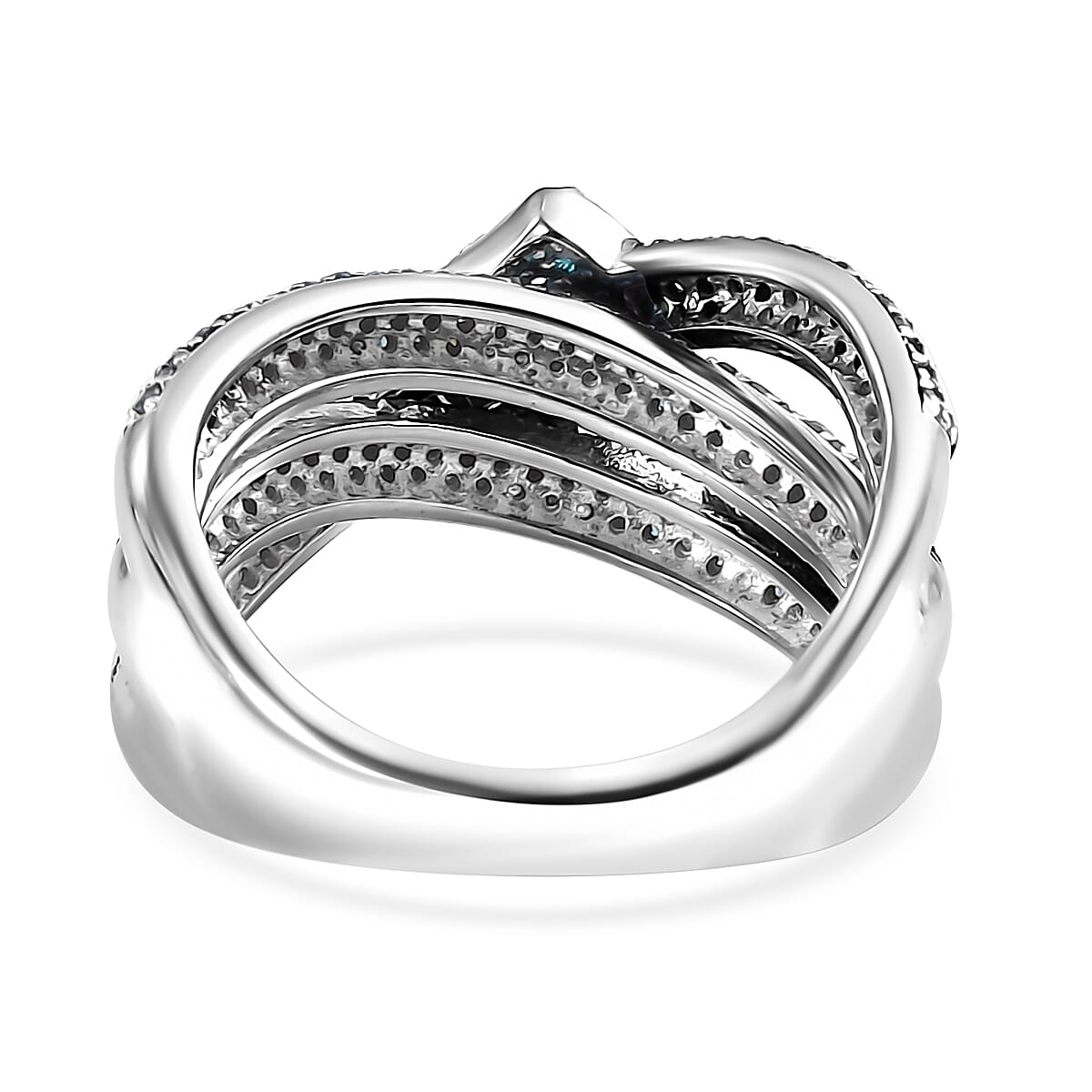Blue and White Diamond 1.00 ctw Buckle Ring in Rhodium Over Sterling Silver (Size 6.0)