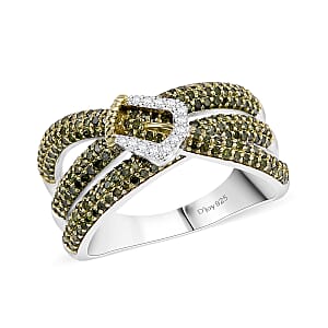Green Diamond and White Diamond 1.00 ctw Buckle Ring in Rhodium Over Sterling Silver (Size 6.0)