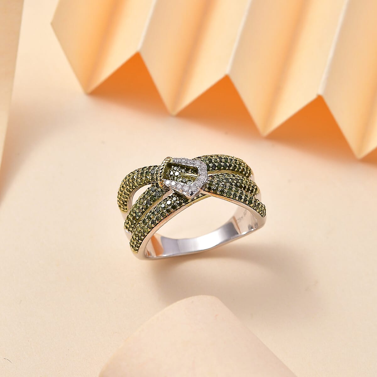 Green Diamond and White Diamond 1.00 ctw Buckle Ring in Rhodium Over Sterling Silver (Size 6.0) image number 1