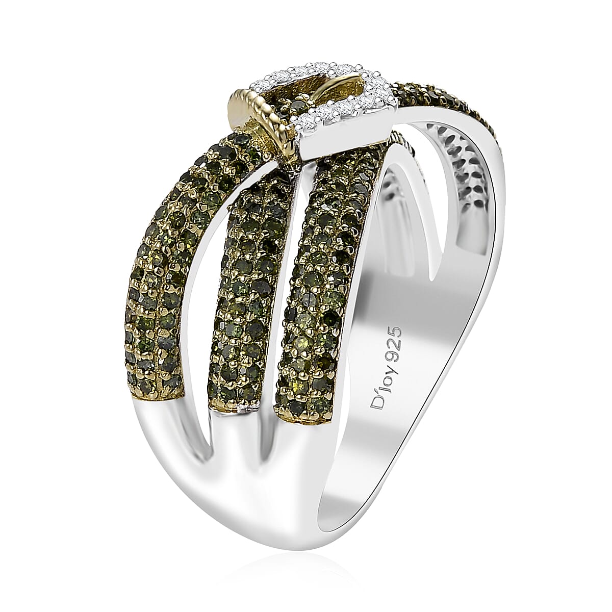 Green Diamond and White Diamond 1.00 ctw Buckle Ring in Rhodium Over Sterling Silver (Size 6.0) image number 3