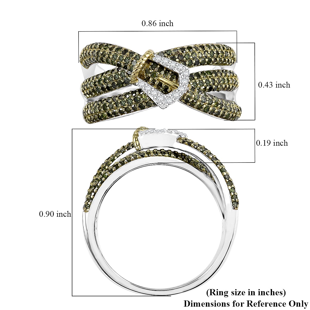 Green Diamond and White Diamond 1.00 ctw Buckle Ring in Rhodium Over Sterling Silver (Size 6.0) image number 5
