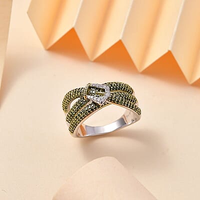 D'Joy Green and White Diamond 1.00 ctw Ring in Rhodium Over Sterling Silver (Size 7.0)