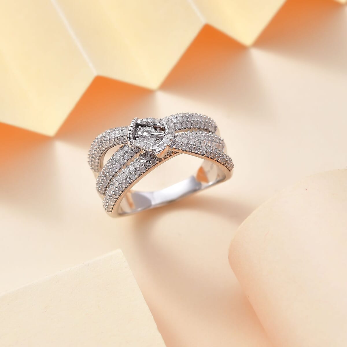 Diamond 1.00 ctw Buckle Ring in Rhodium Over Sterling Silver (Size 6.0) image number 1