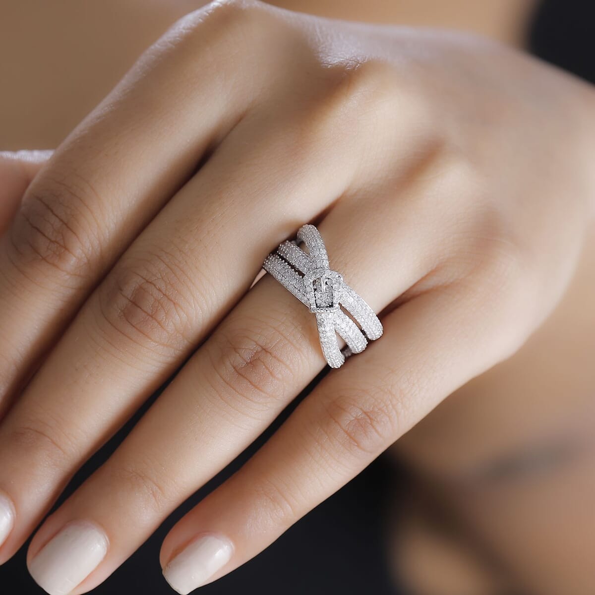 Diamond 1.00 ctw Buckle Ring in Rhodium Over Sterling Silver (Size 8.0) image number 2