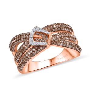 Natural Champagne and White Diamond 1.00 ctw Buckle Ring in 18K Vermeil Rose Gold Over Sterling Silver (Size 7.0)