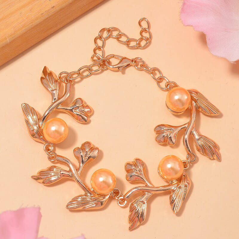 Golden Color Shell Pearl Designer Inspired Leaf Bracelet (7-9In) in Goldtone
