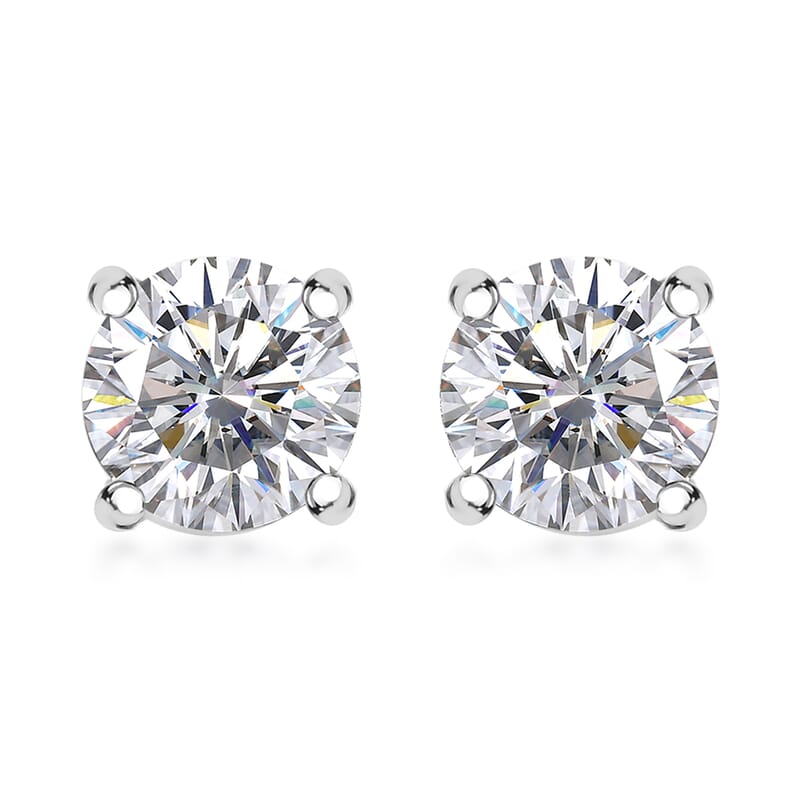 D'Joy 100 Facets Moissanite 1.25 ctw Solitaire Stud Earrings in Rhodium Over Sterling Silver
