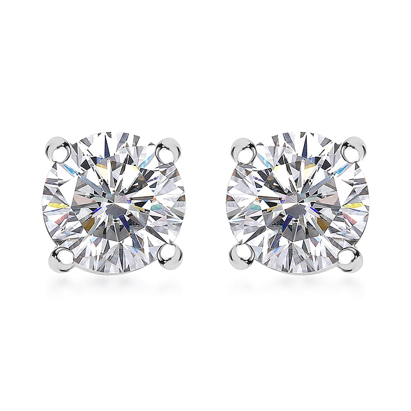 D'Joy 100 Facets Moissanite 1.25 ctw Solitaire Stud Earrings in Rhodium Over Sterling Silver