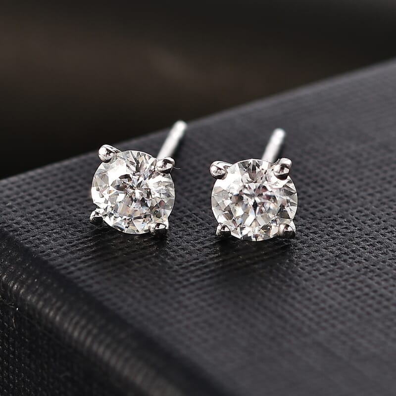 D'Joy 100 Facets Moissanite 1.25 ctw Solitaire Stud Earrings in Rhodium Over Sterling Silver