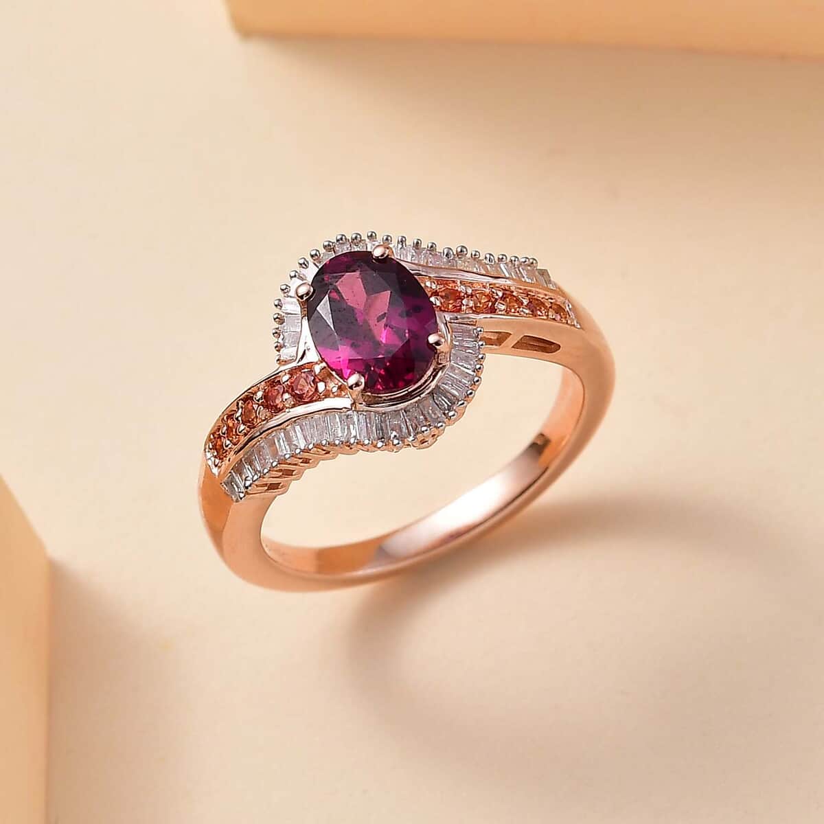 AAA Radiant Ember Garnet, Padparadscha Sapphire (BT) and Diamond 2.00 ctw Flowing Waves Ring in 18K Vermeil Rose Gold Over Sterling Silver (Size 10.0) image number 1