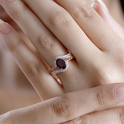 AAA Radiant Ember Garnet, Padparadscha Sapphire (BT) and Diamond 2.00 ctw Flowing Waves Ring in 18K Vermeil Rose Gold Over Sterling Silver (Size 10.0)