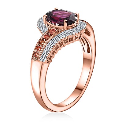 AAA Radiant Ember Garnet, Padparadscha Sapphire (BT) and Diamond 2.00 ctw Flowing Waves Ring in 18K Vermeil Rose Gold Over Sterling Silver (Size 10.0)