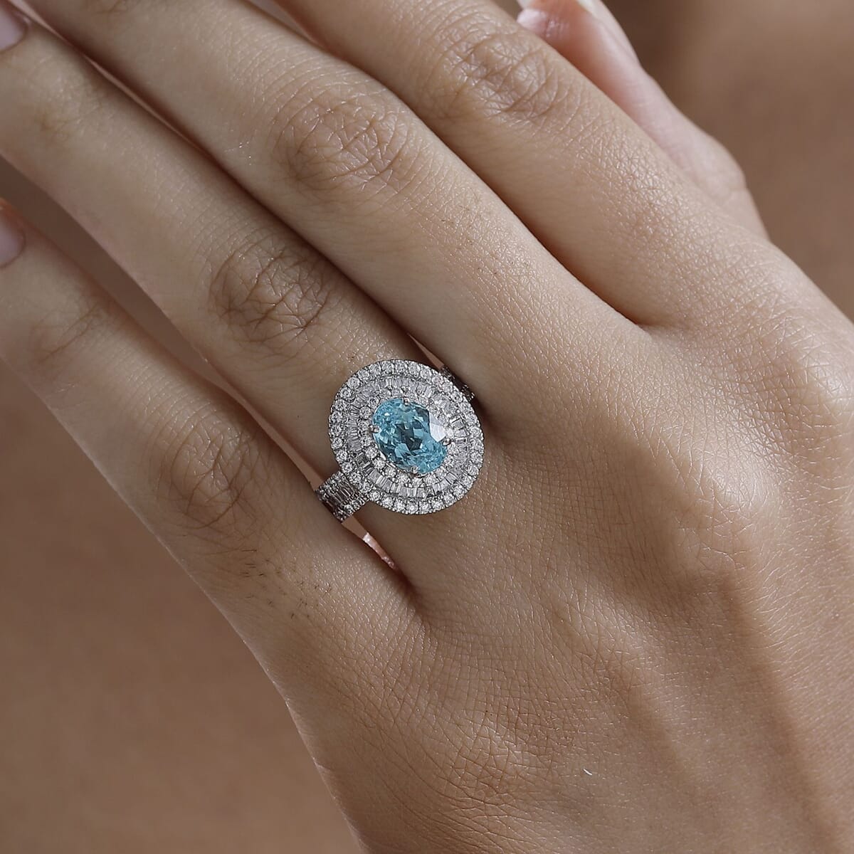 Rhapsody AAAA Paraiba Tourmaline and E-F VS Diamond 3.18 ctw Ring in 950 Platinum (Size 8.0) 8.28 Grams image number 2
