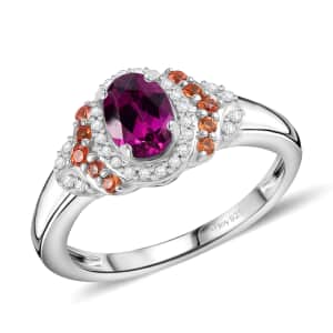 AAA Radiant Ember Garnet and Multi Gemstone 1.40 ctw Vintage Halo Ring in Rhodium Over Sterling Silver (Size 10.0)