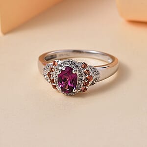 AAA Radiant Ember Garnet and Multi Gemstone 1.40 ctw Vintage Halo Ring in Rhodium Over Sterling Silver (Size 5.0)