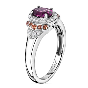 AAA Radiant Ember Garnet and Multi Gemstone 1.40 ctw Vintage Halo Ring in Rhodium Over Sterling Silver (Size 5.0)