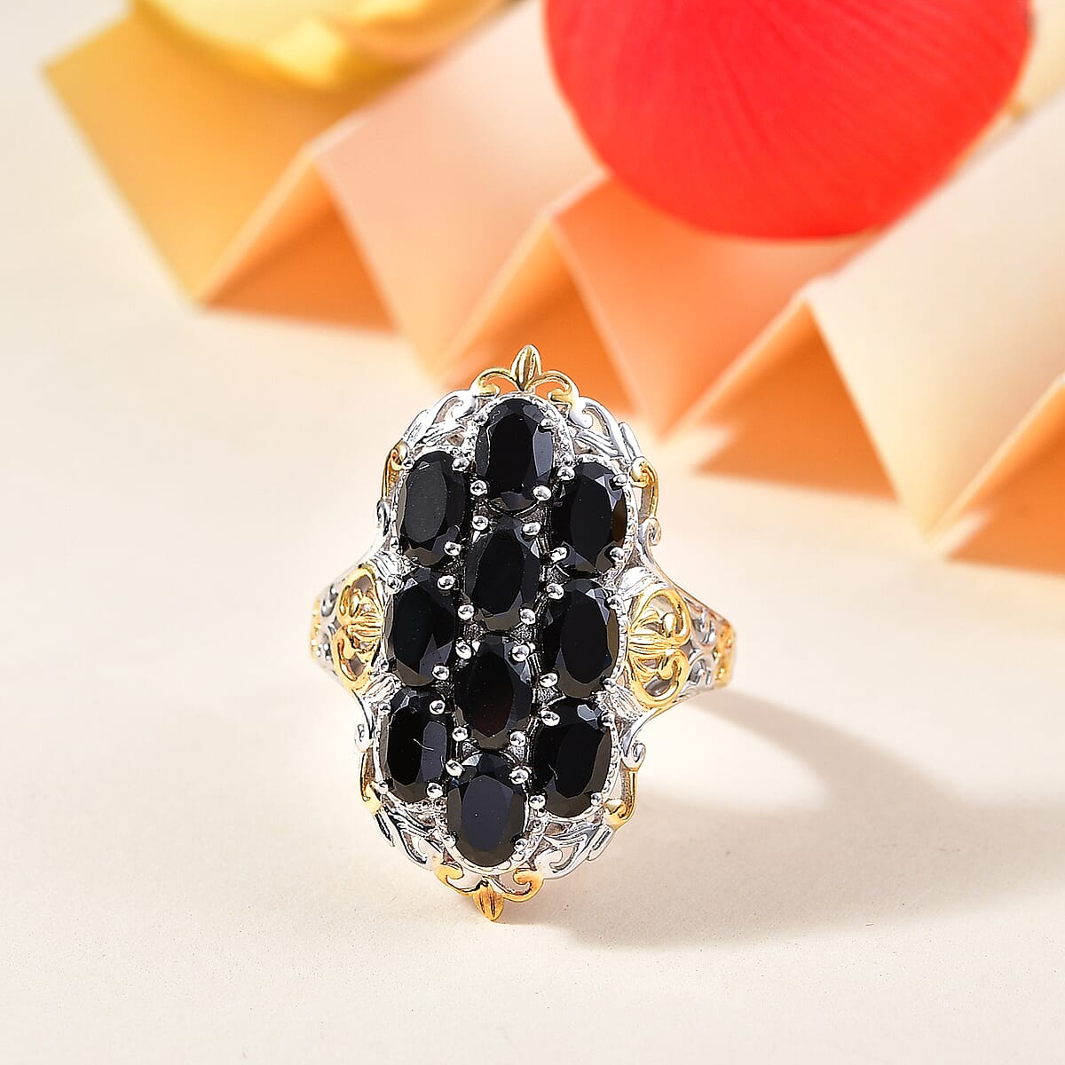 Karis Thai Black Spinel 7.00 ctw Ring in 18K YG Plated and Platinum Bond (Size  6.0) image number 1