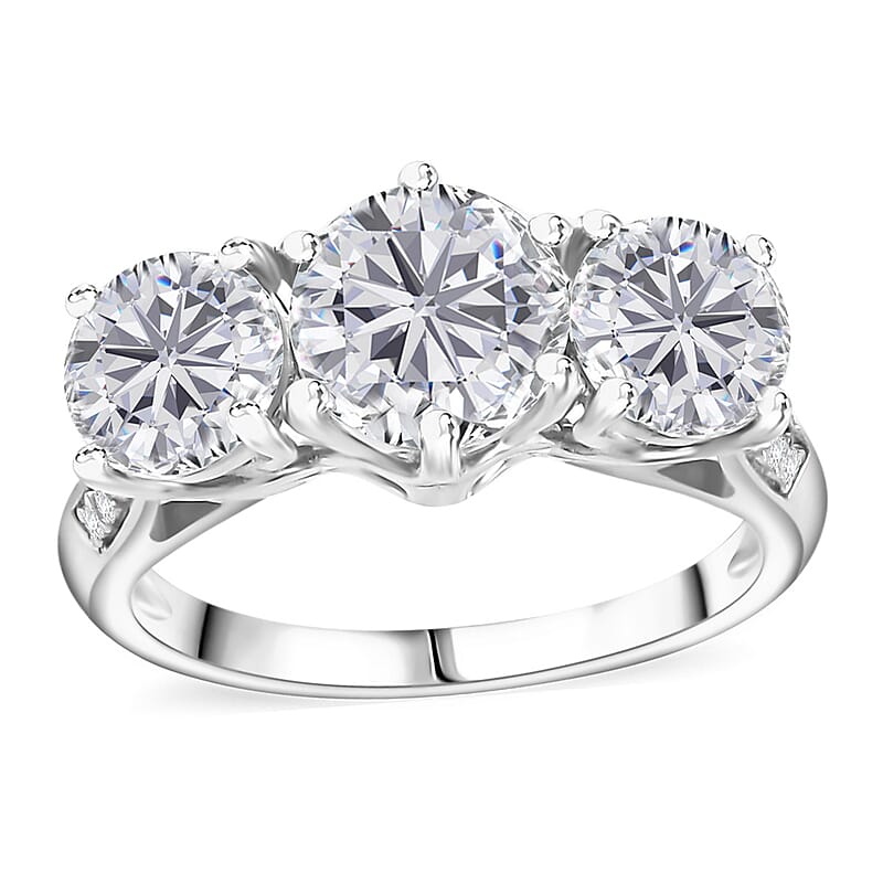 D'Joy Moissanite 2.90 ctw Trinity Ring in Rhodium Over Sterling Silver (Size 10.0)