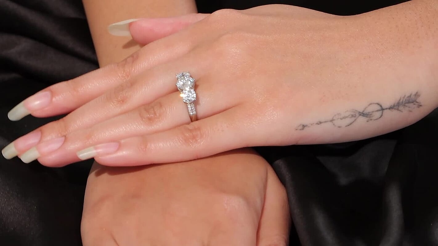 Moissanite (Rnd7 mm) Trinity Ring in Rhodium Over Sterling Silver (Size 10.0) 2.90 ctw