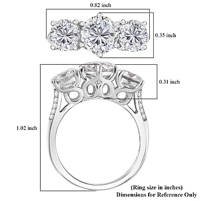 D'Joy Moissanite 2.90 ctw Trinity Ring in Rhodium Over Sterling Silver (Size 10.0)