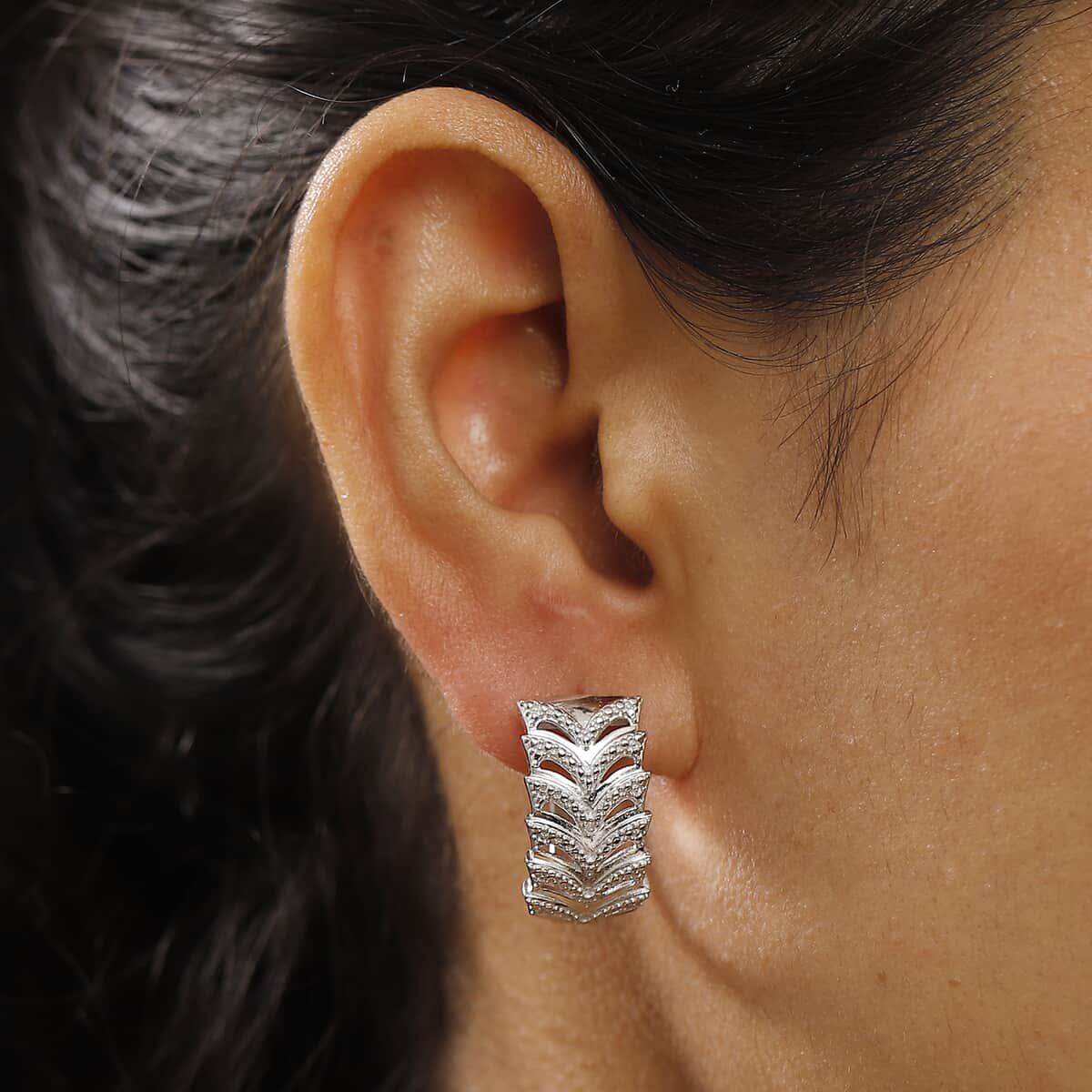 Karis White Diamond Accent Hoop Earrings in Platinum Bond image number 2